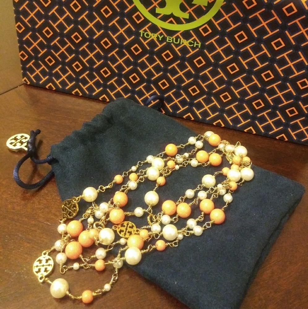 Authentic TORY BURCH "EVIE" Coral/Gold necklace